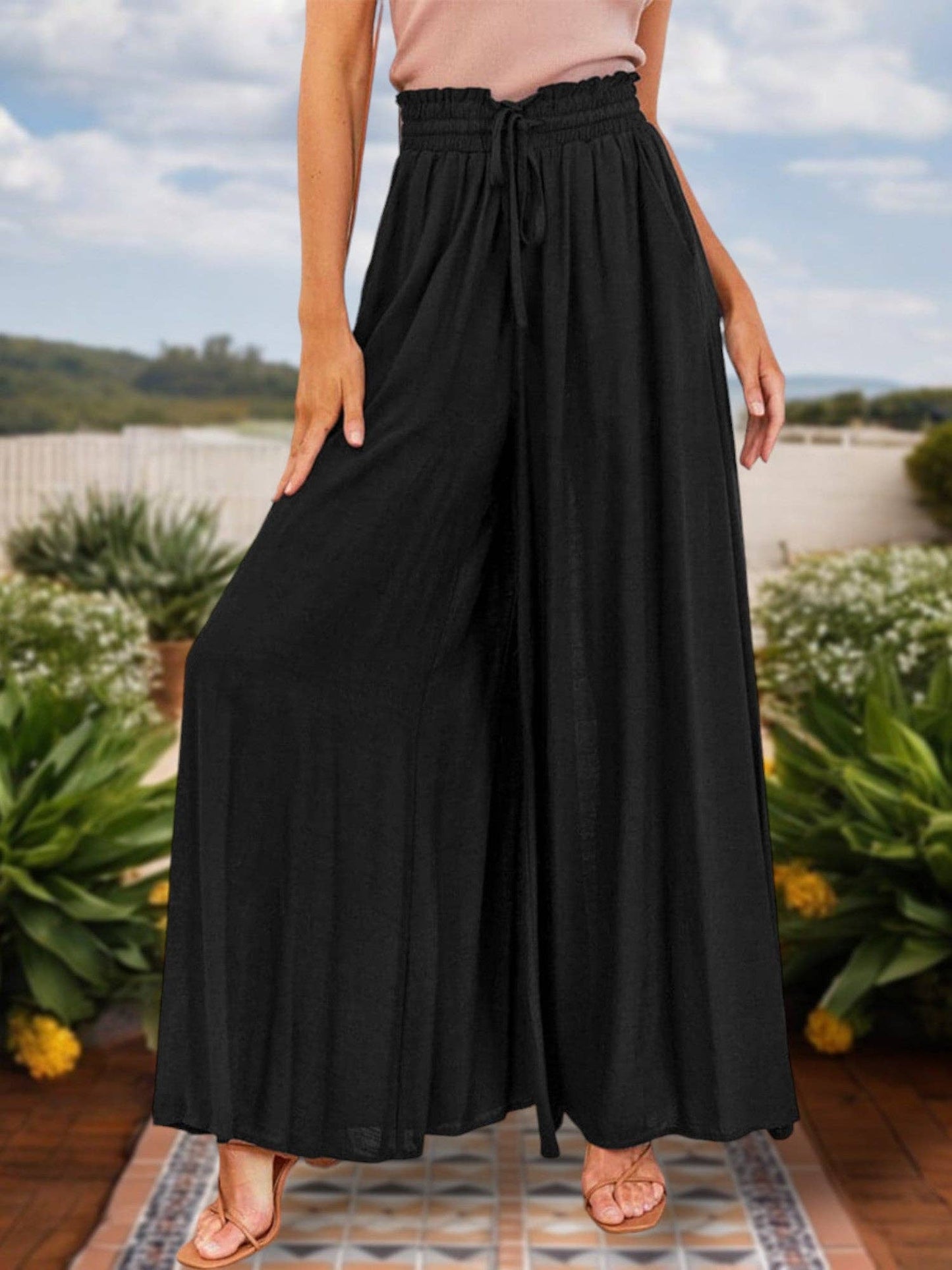 Women's High Waist Wide Leg Pants with Drawstring Waist: Black