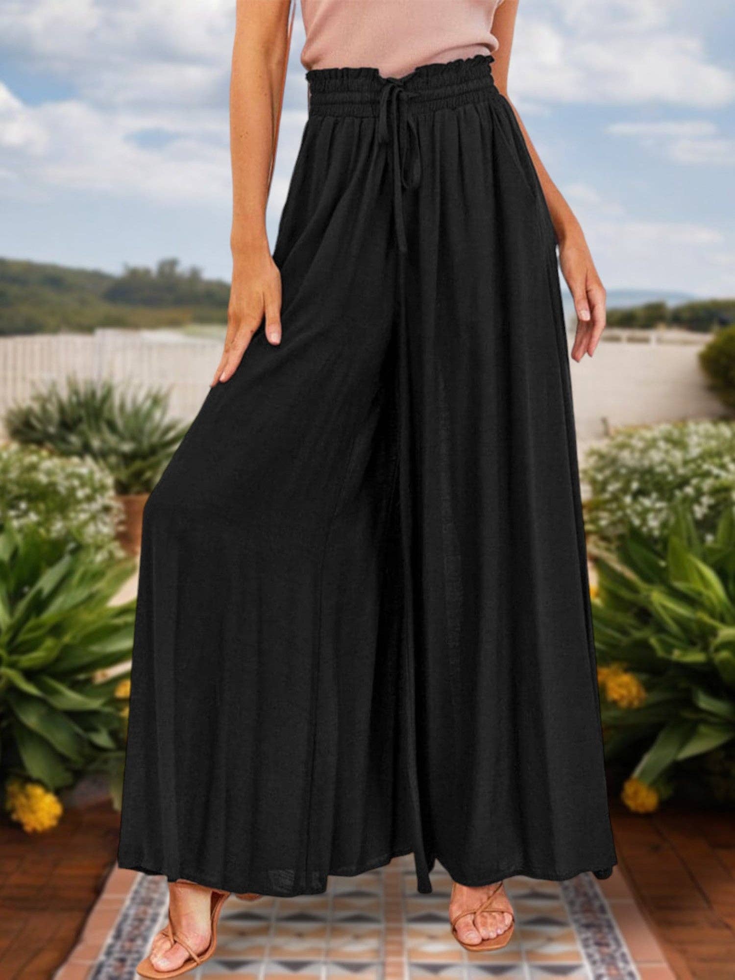 Women's High Waist Wide Leg Pants with Drawstring Waist: Black