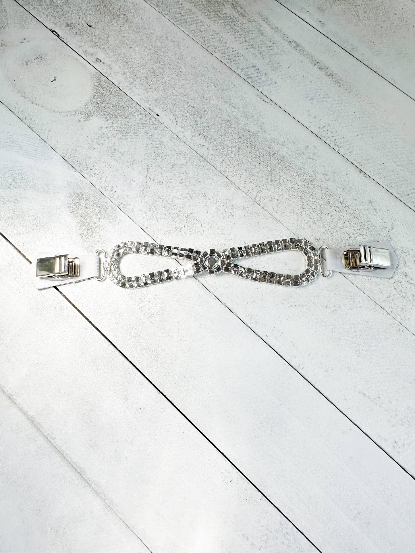 Rhinestones & White Leather Cinch Clip for Dresses, Clothes