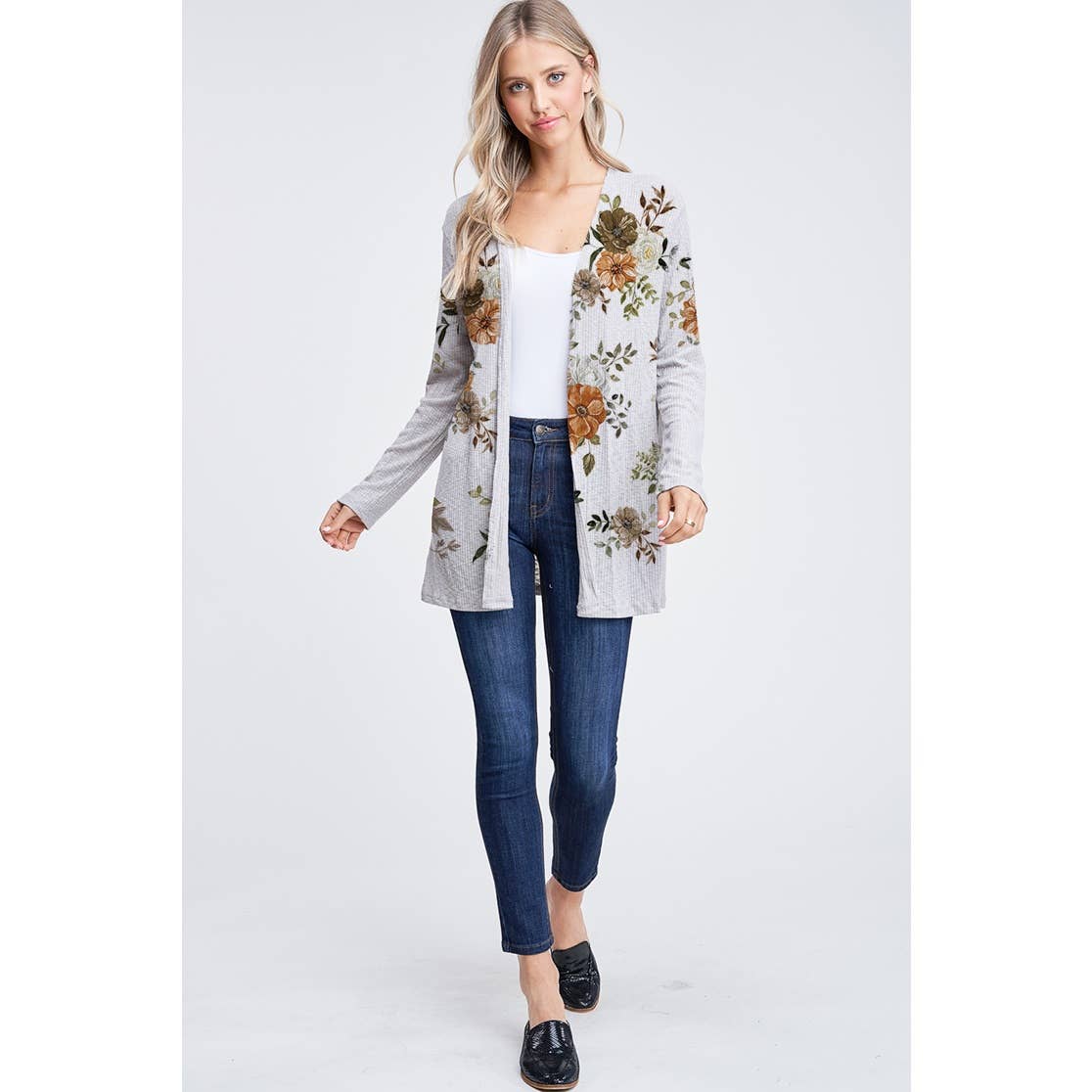 Fall Floral print rib long sleeve cardigan : GREY