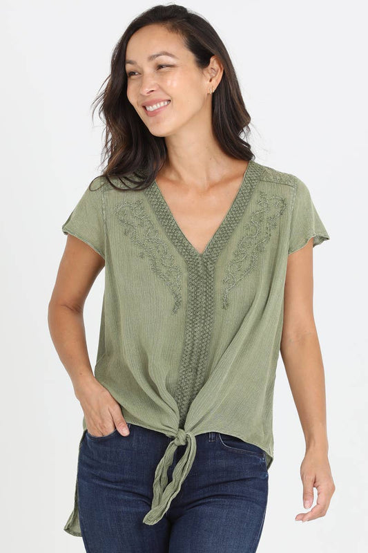 V NECK TIE WAIST TOP WTIH EMBROIDERY AND LACE: SAGE