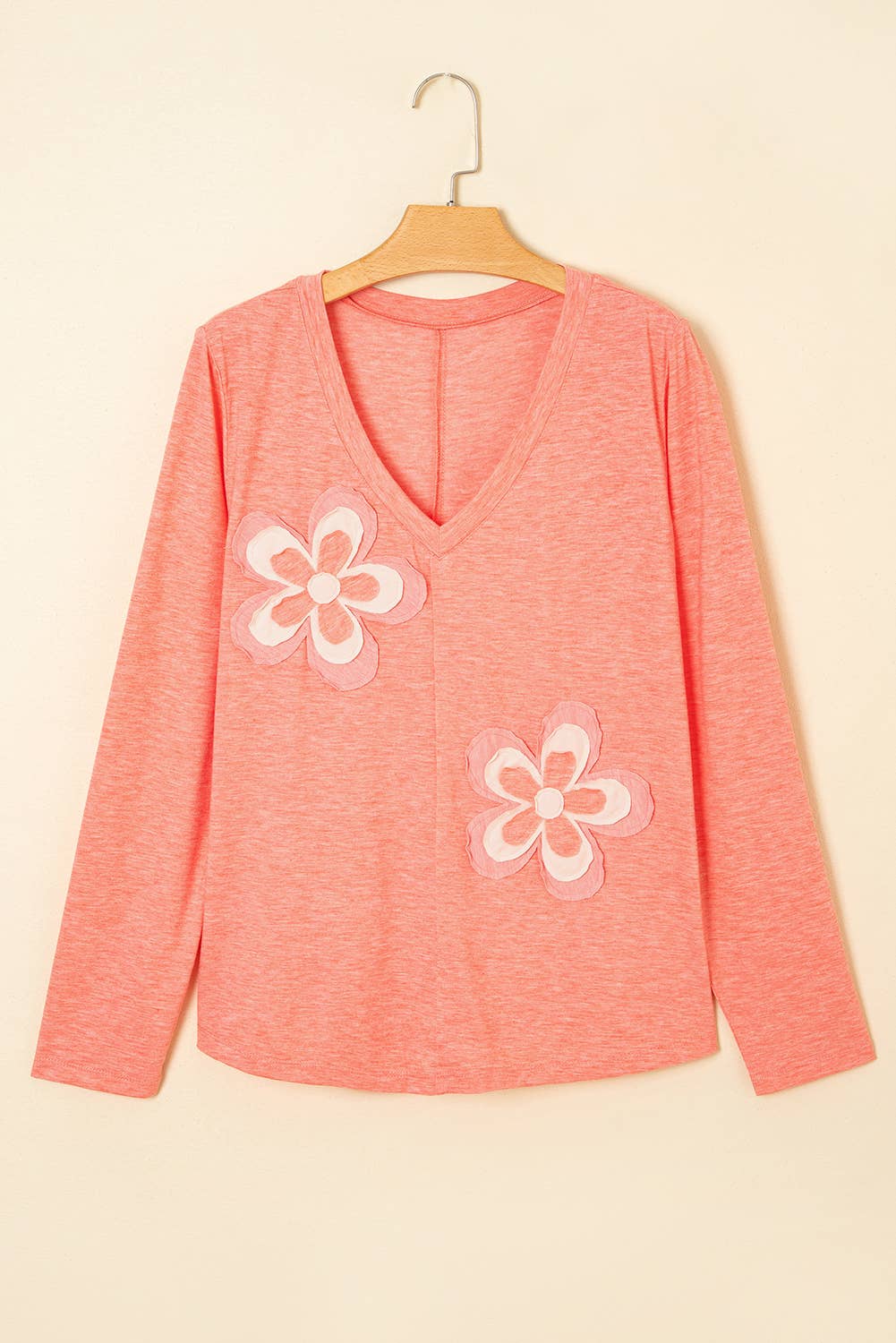 Floral Patchwork V Neck Long Sleeve T Shirt: Fresh Salmon