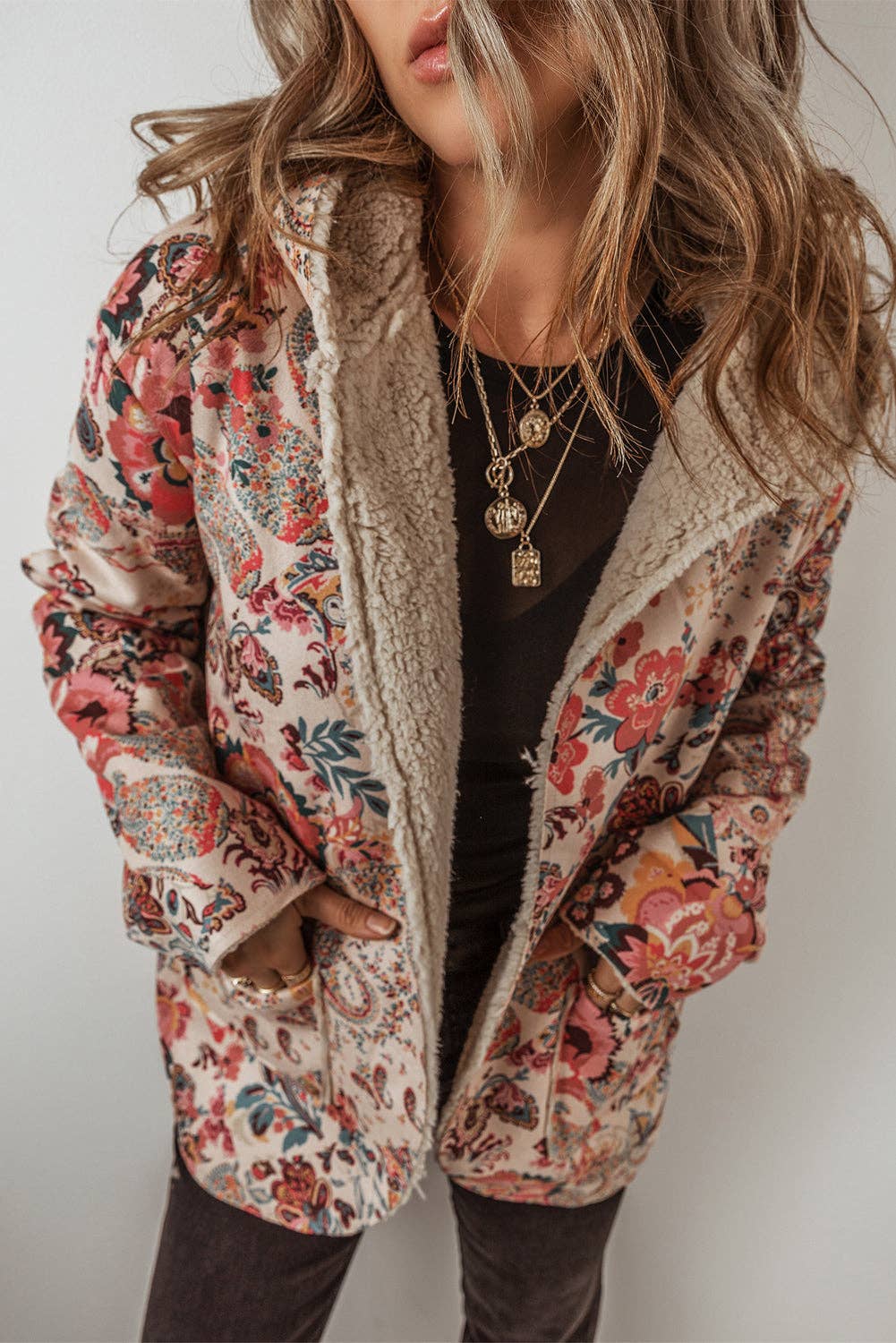 Floral Sherpa Lined Hooded Jacket: Beige
