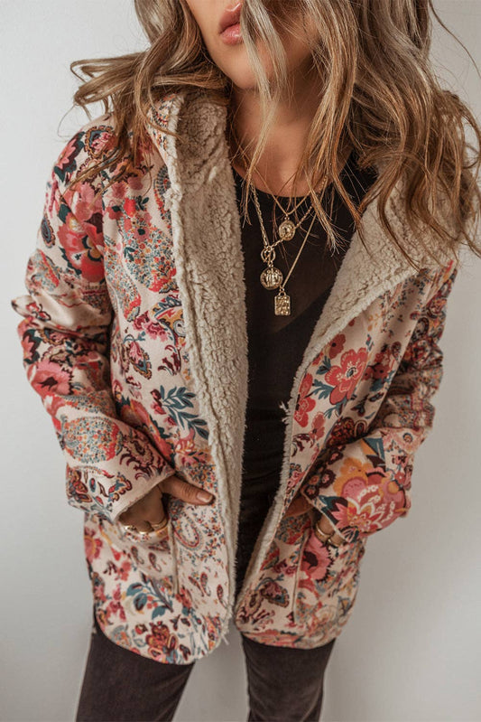 Floral Sherpa Lined Hooded Jacket: Beige