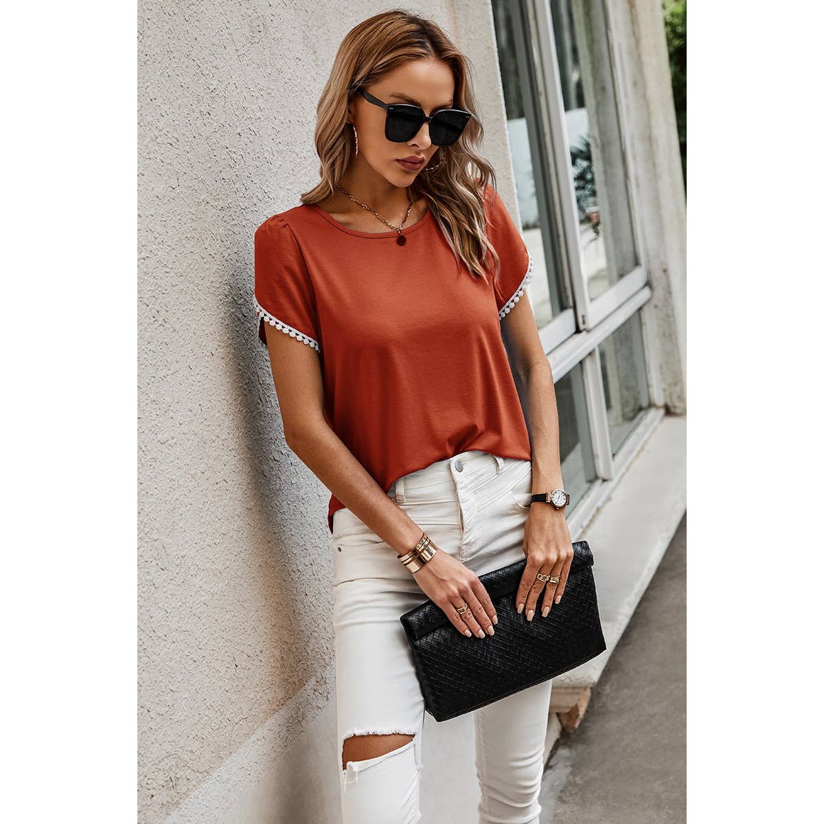 Crewneck Short Sleeve Lace Trim Loose T Shirts: ORANGE