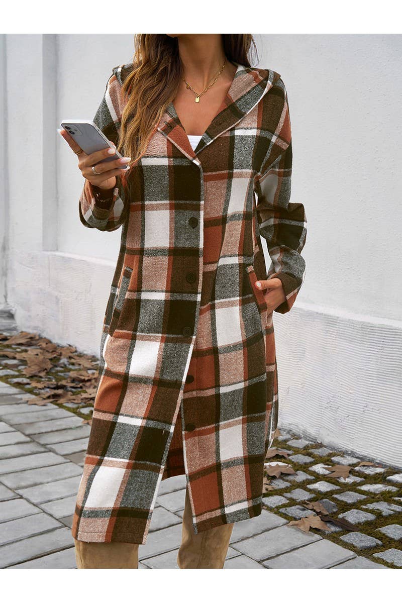 Plaid Button Hooded Long Coat