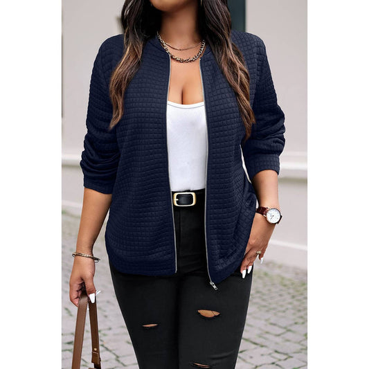 Plus Size Plain Textured Zipper Fit Jacket: NAVY