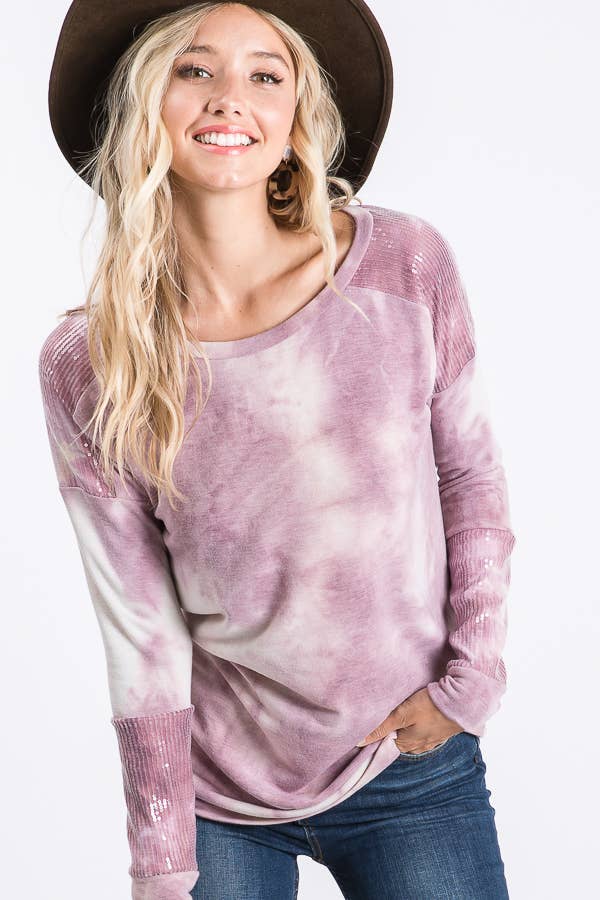 Tie Dye Sequin Contrast Top  Purple