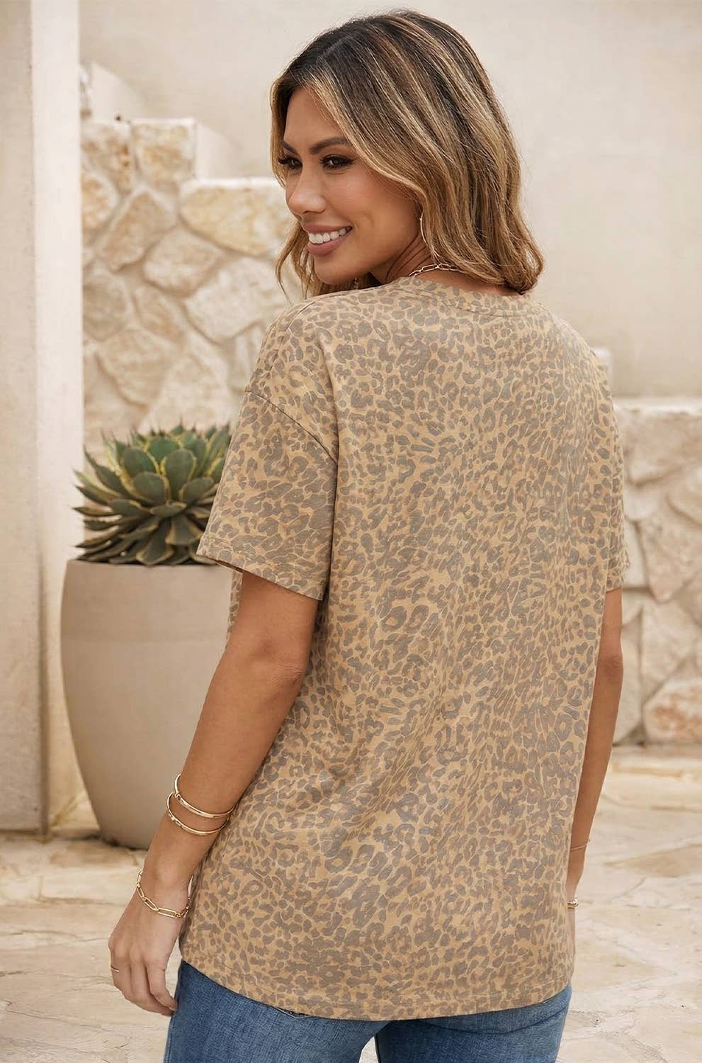 Western Leopard Patchwork Short Sleeve Top: Khaki
