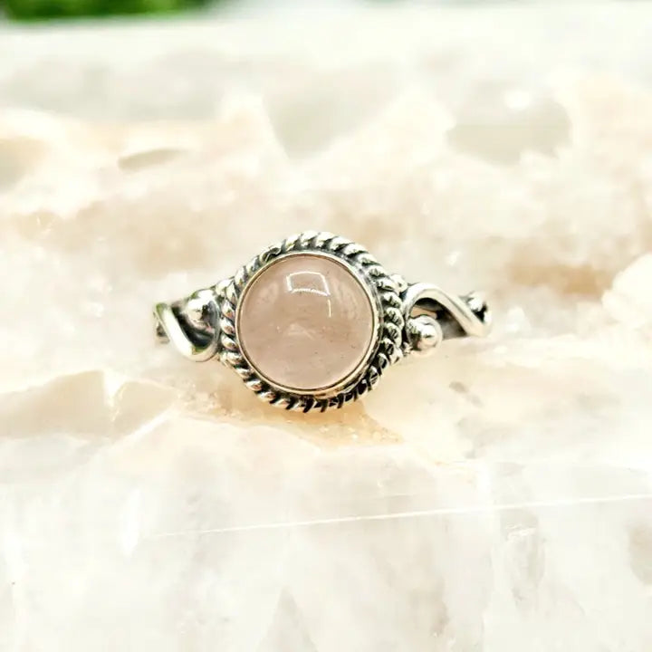 Rose Quartz 8mm Gemstone Ring - Sterling Silver/925 sz 6