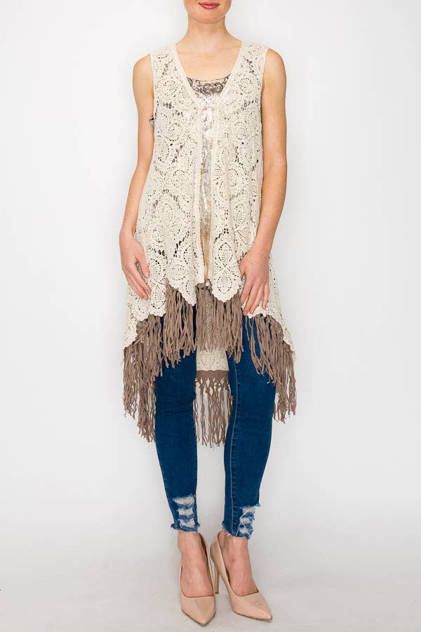 PLUS HIGH LOW CROCHET VEST WITH FAUX SUEDE FRINGE