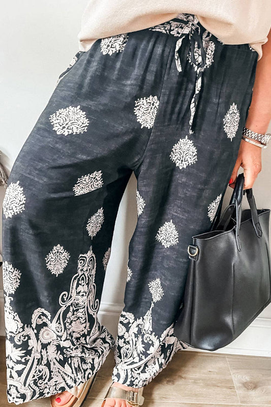 Plus Boho Wide Leg Pants: Black