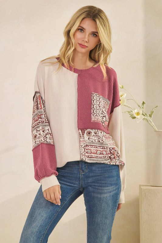 Patchwork Knit Long Sleeve Pullover Top