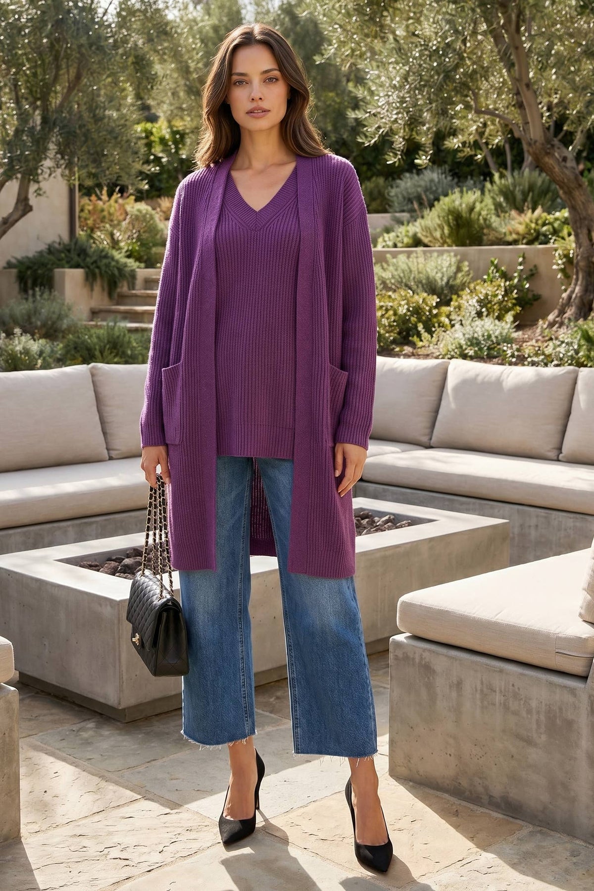 Regalia purple two-piece set with long sleeve sweater top and midi cardigan