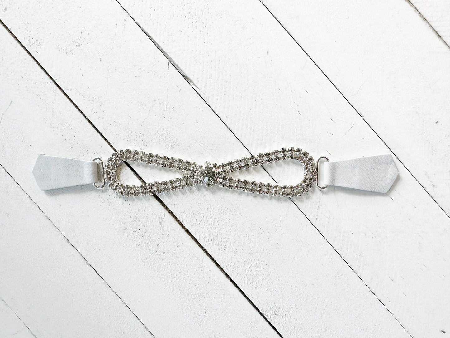 Rhinestones & White Leather Cinch Clip for Dresses, Clothes