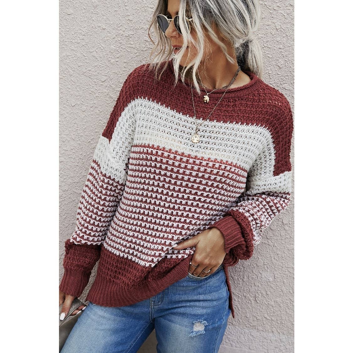 Color Block Knit Long Sleeves Sweater: Rust