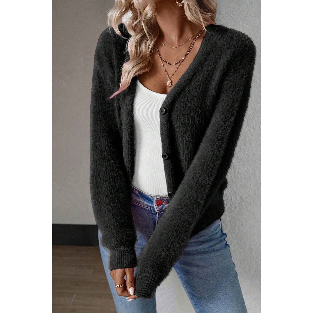 Solid Fuzzy Fleece Button V Neck Cardigan