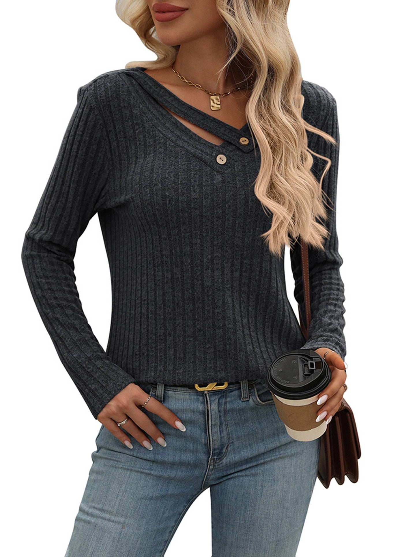 Leisure V-neck Button Pit Top: Black