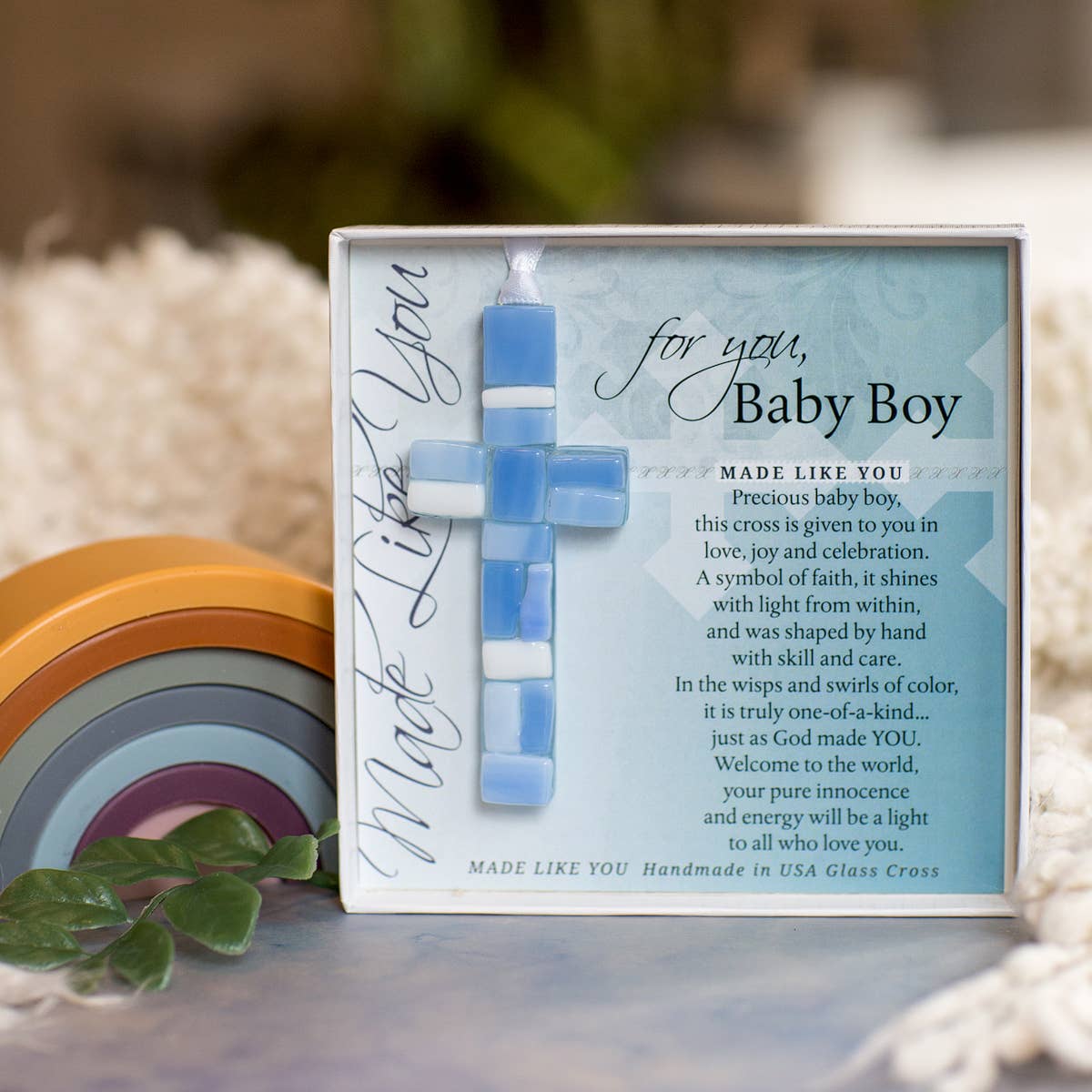 New Baby Boy Gift USA Handmade Mosaic Glass Cross 4485