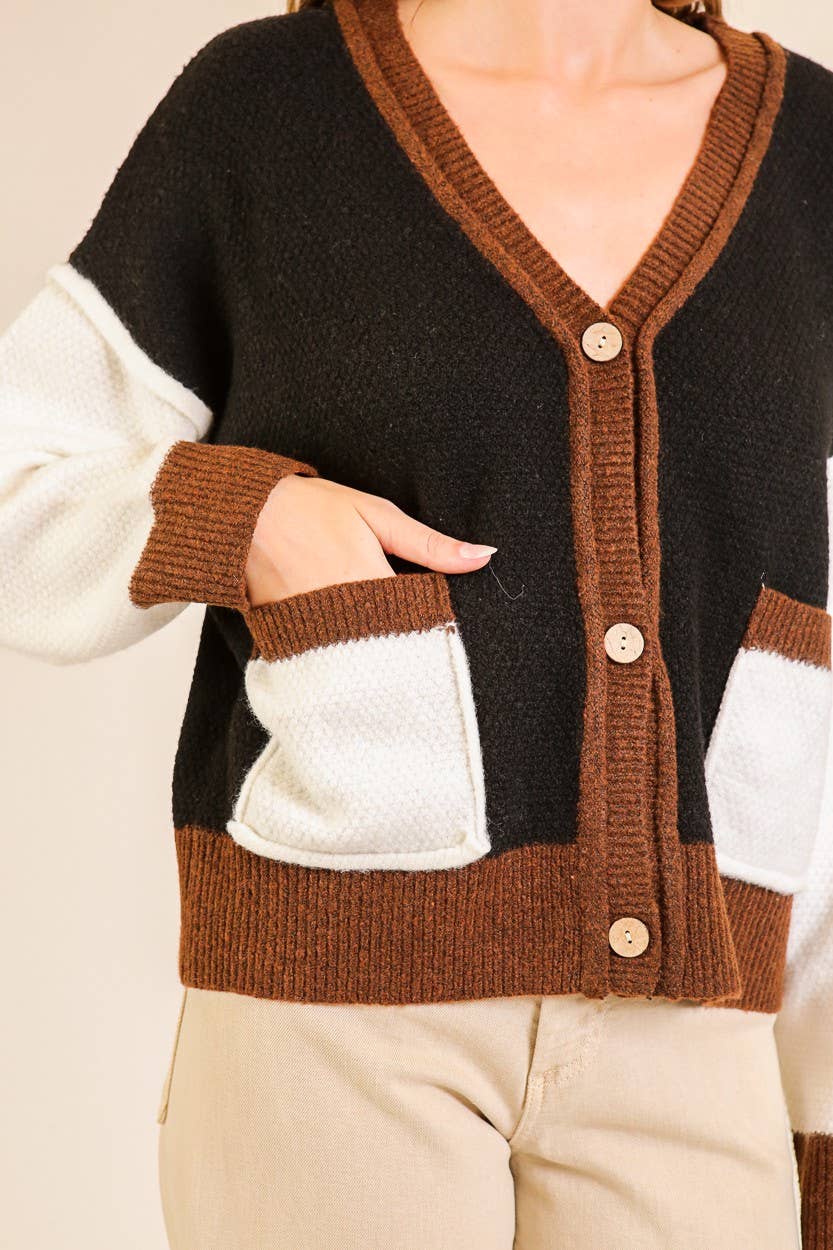 Soft Girl Vibes Color Block Cardigan 2: Black/Mocha/Ivory / S