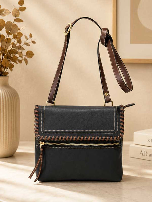 Gabby black microfiber vegan leather crossbody bag with whipstitch trim