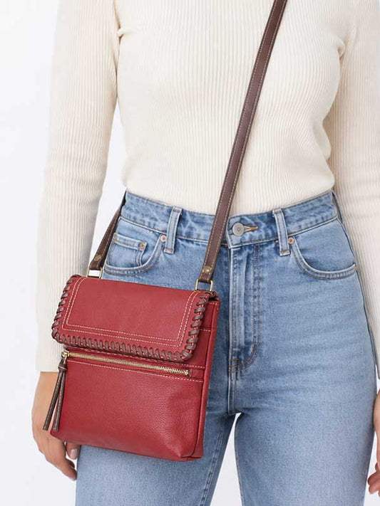 Gabby red microfiber vegan leather crossbody bag with whipstitch trim