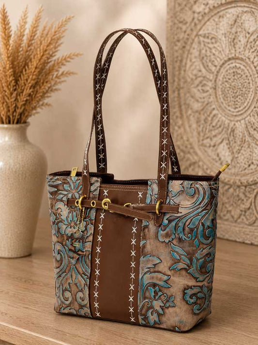 Turquoise and brown Nadi tooled embossed leather tote with floral tooling and stitched handles