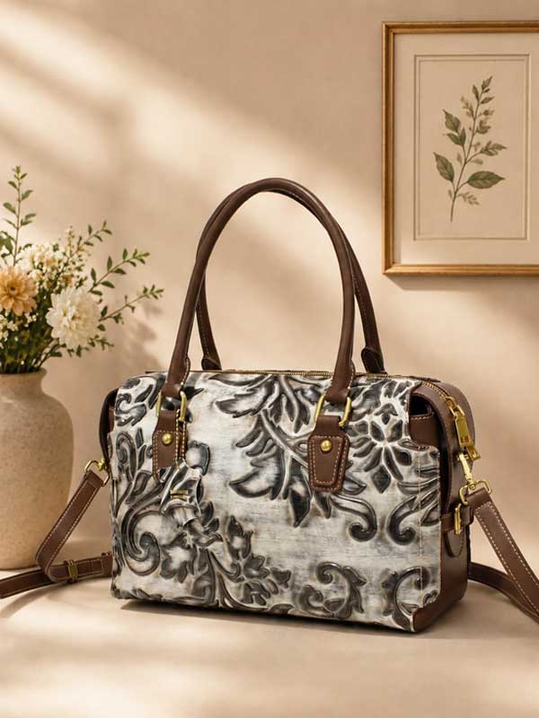 Chestnut brown and bone Glory tooled embossed leather satchel with antique gold hardware