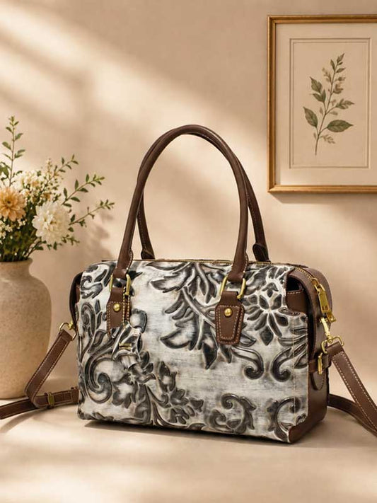 Chestnut brown and bone Glory tooled embossed leather satchel with antique gold hardware