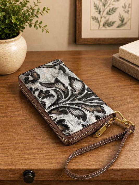 Chestnut brown and bone Odessa tooled embossed leather wristlet wallet with a floral scroll design