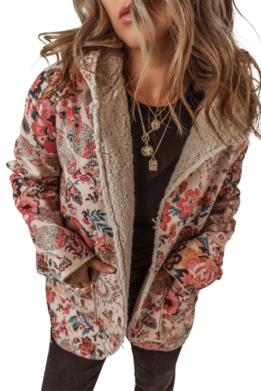 Floral Sherpa Lined Hooded Jacket: Beige