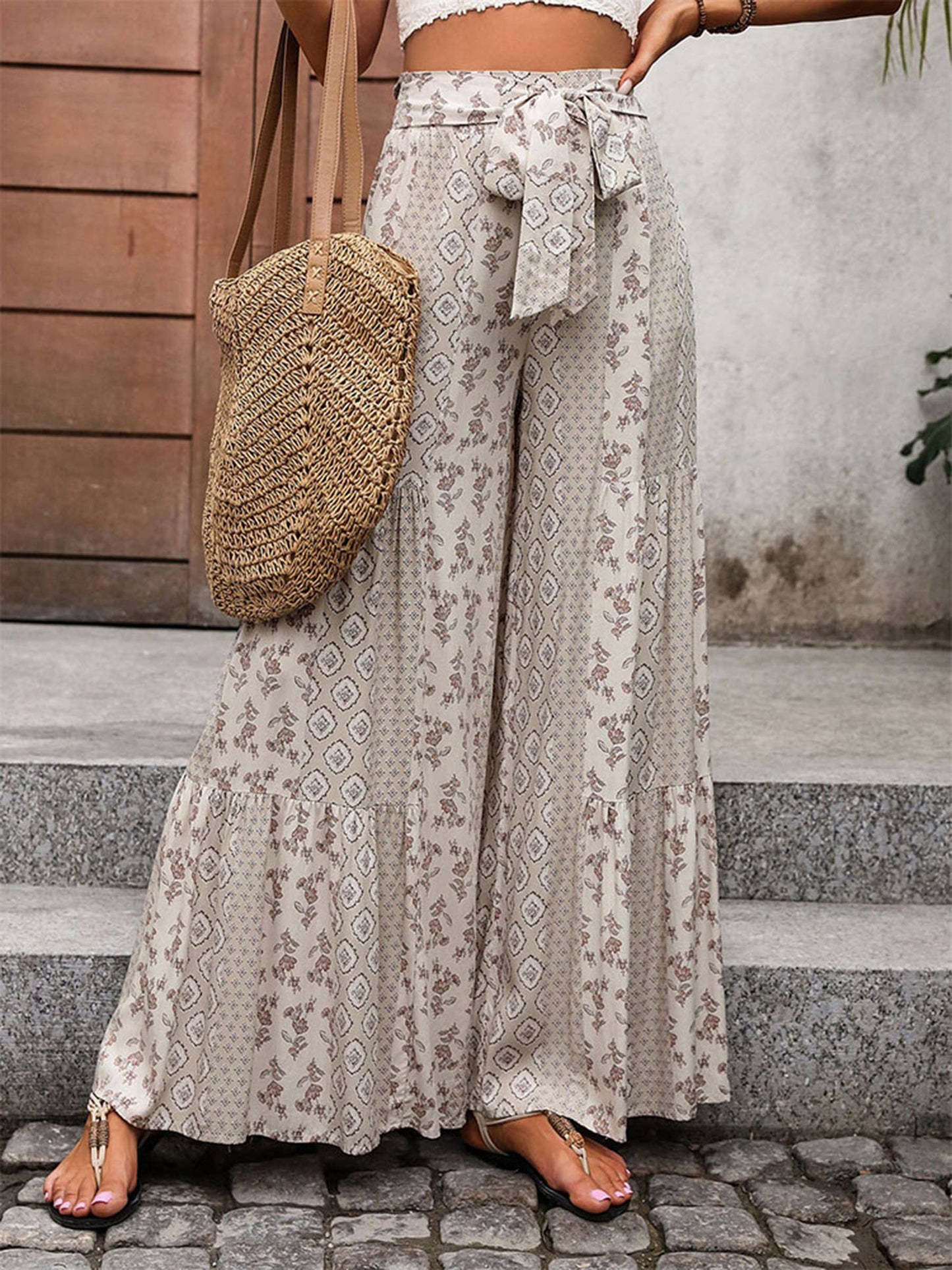 High Waisted Lace Up Wide Leg Pants: Beige