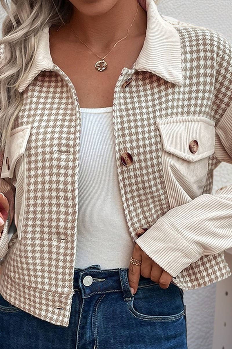 CHECK CORDUROY BUTTON SHORT JACKET: KHAKI