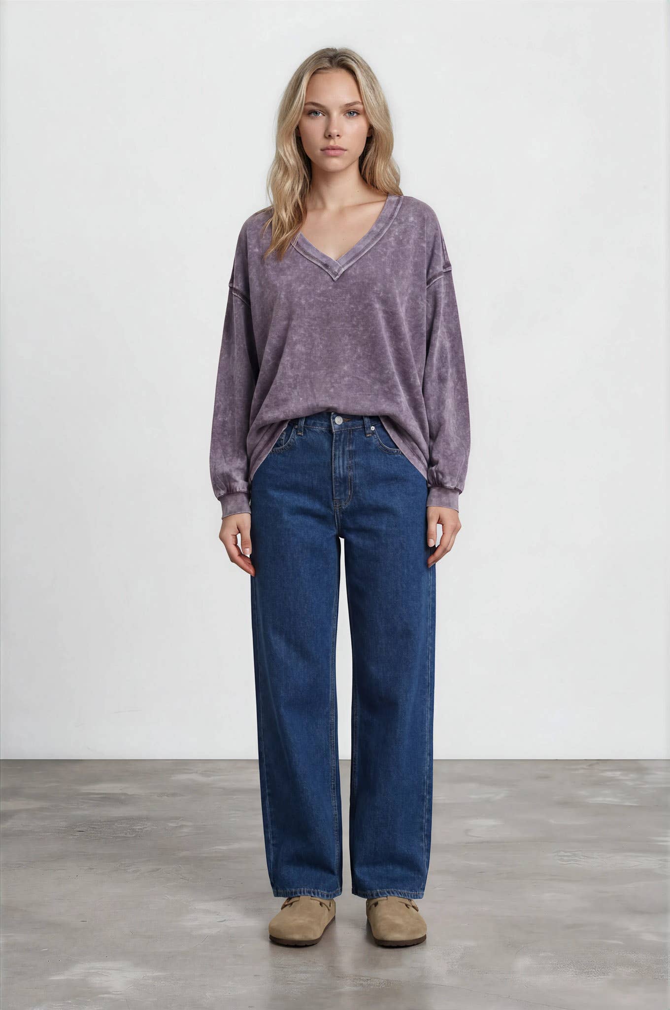 WASHED INVERTED SEAM DETAIL LONG SLEEVE KNIT TOP: EGGPLANT