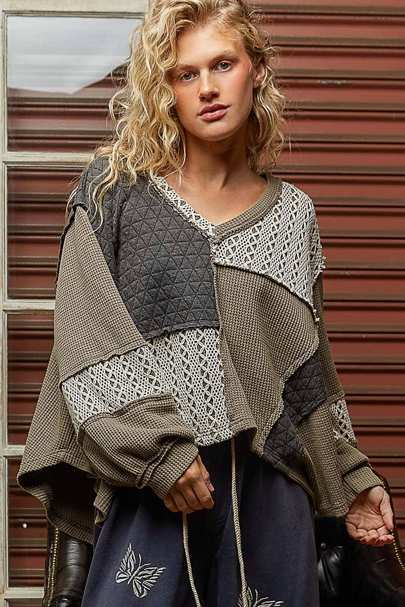 V-neck balloon sleeve relaxed fit boho Top : CHARCOAL