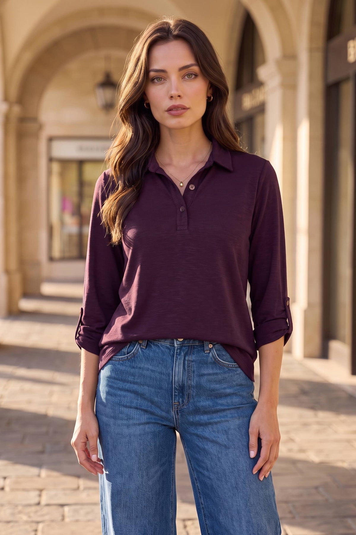 Collared 3/4 Sleeve Blouse Top: MIDNIGHT PLUM / S
