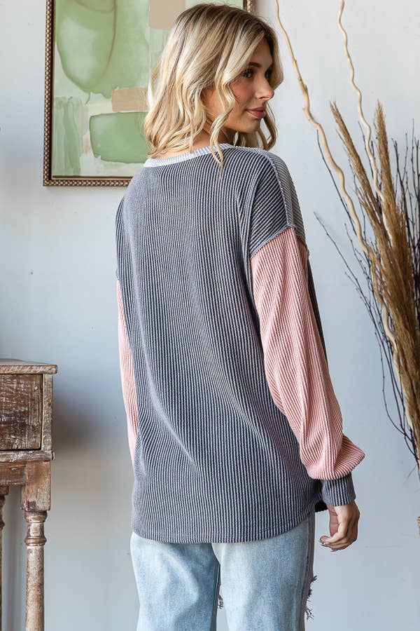 Color Block Button Front Top: Charcoal