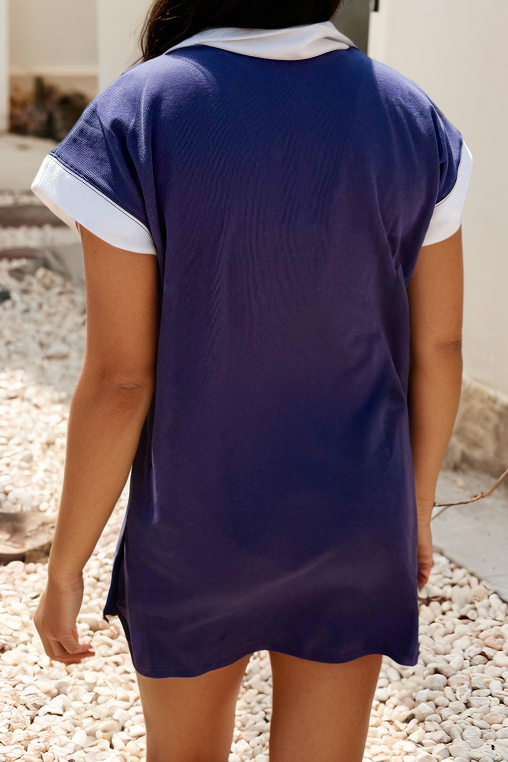 Colorblock Stripes Zip up Collared T Shirt Mini Dress: Navy Blue
