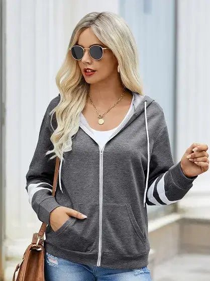 Zipper Strip Long Sleeves Loose Hoodie: WHITE AND CHARCOAL