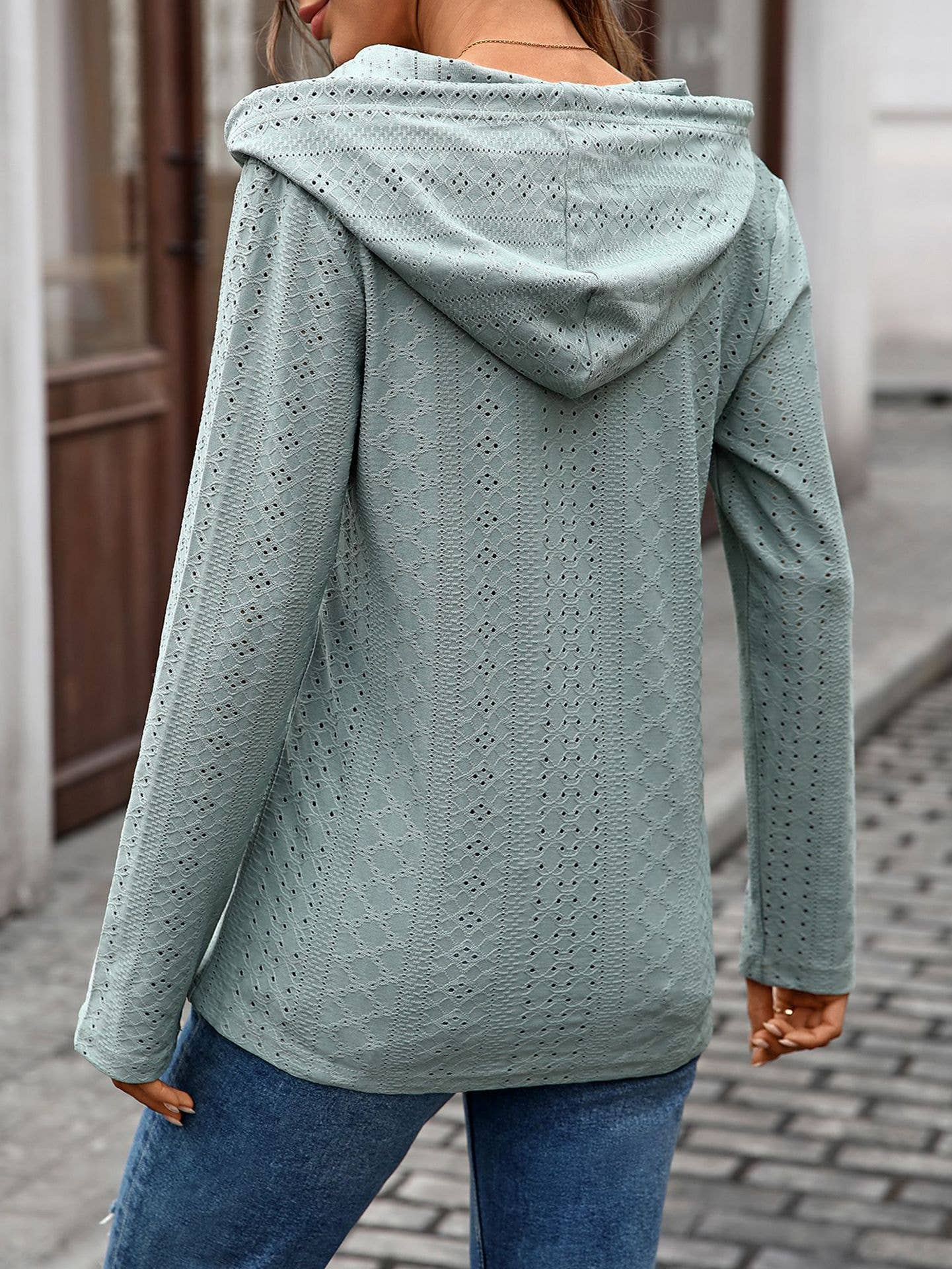 Eyelet Lace Hooded Button Placket Top: Green
