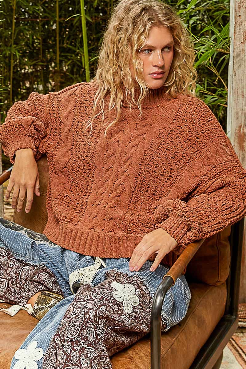 Mock Neck Balloon Sleeve Cable Knit Pullover Sweater: BURNT TOPAZ