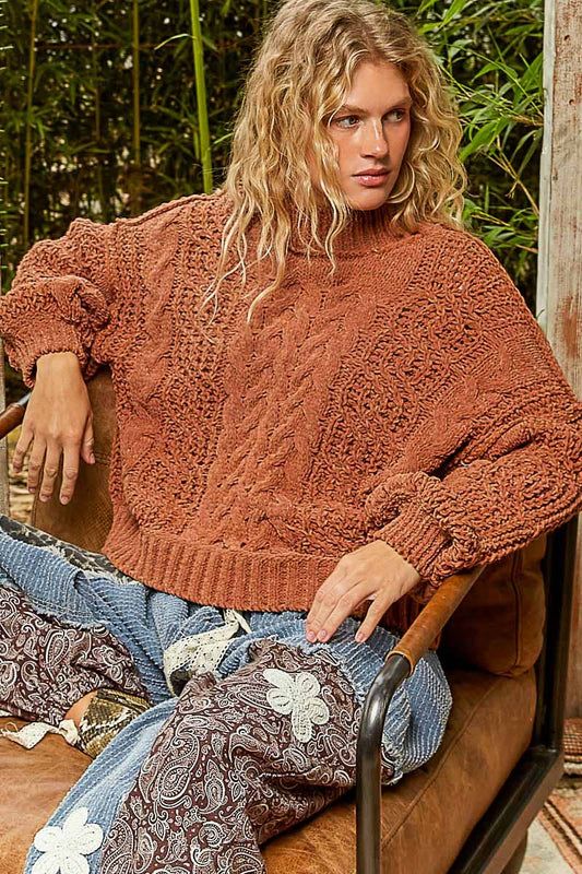 Mock Neck Balloon Sleeve Cable Knit Pullover Sweater: BURNT TOPAZ
