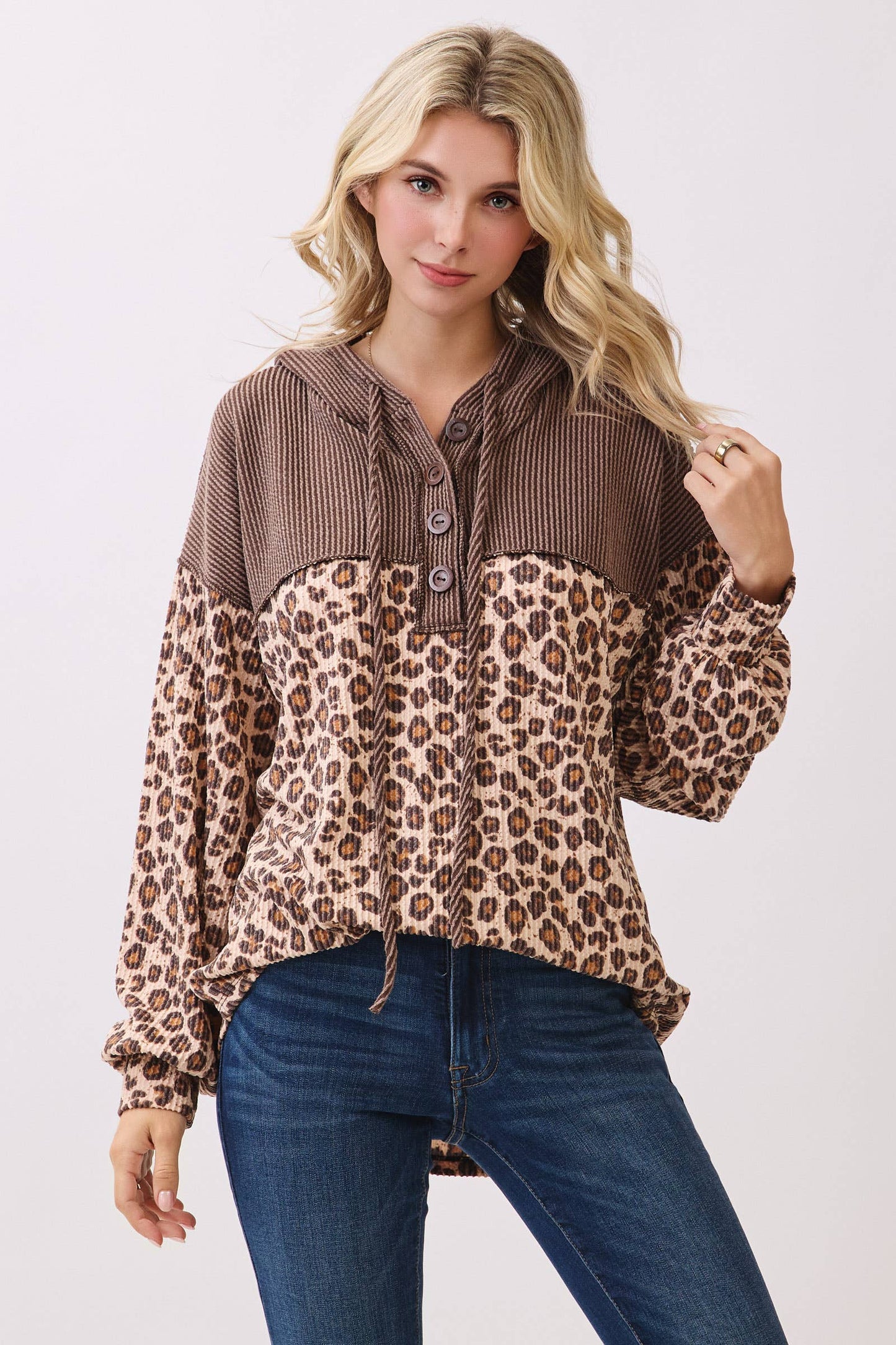 Leopard Print Button Front Drawstring Hooded Sweatshirt: Brown