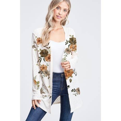 Fall Floral print rib long sleeve cardigan : GREY