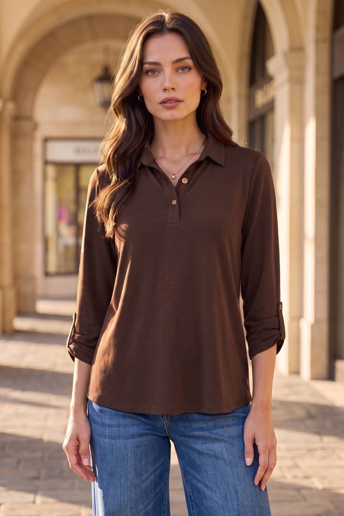 Collared 3/4 Sleeve Blouse Top: MIDNIGHT PLUM / S