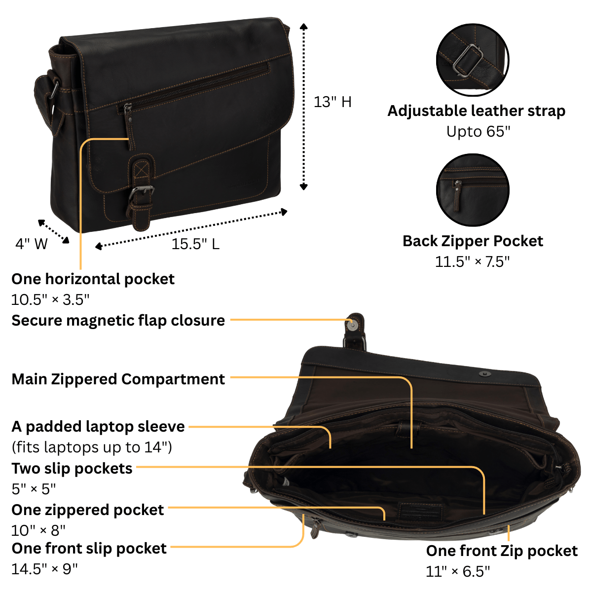 Chicago Leather Messenger Bag 14" – Unisex – Brown