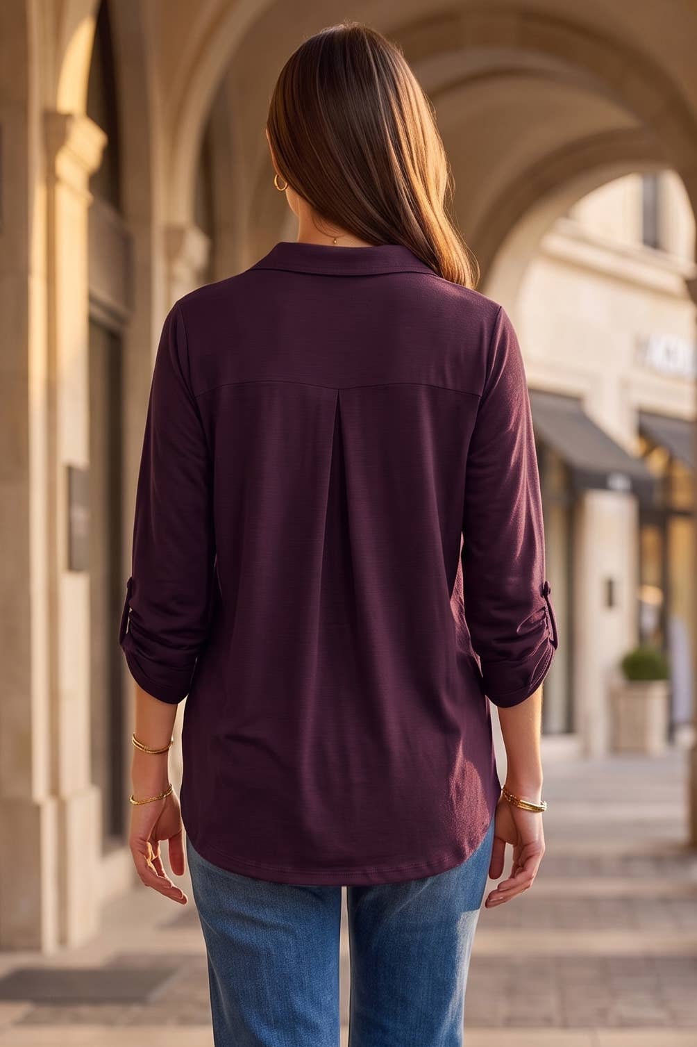 Collared 3/4 Sleeve Blouse Top: MIDNIGHT PLUM / S