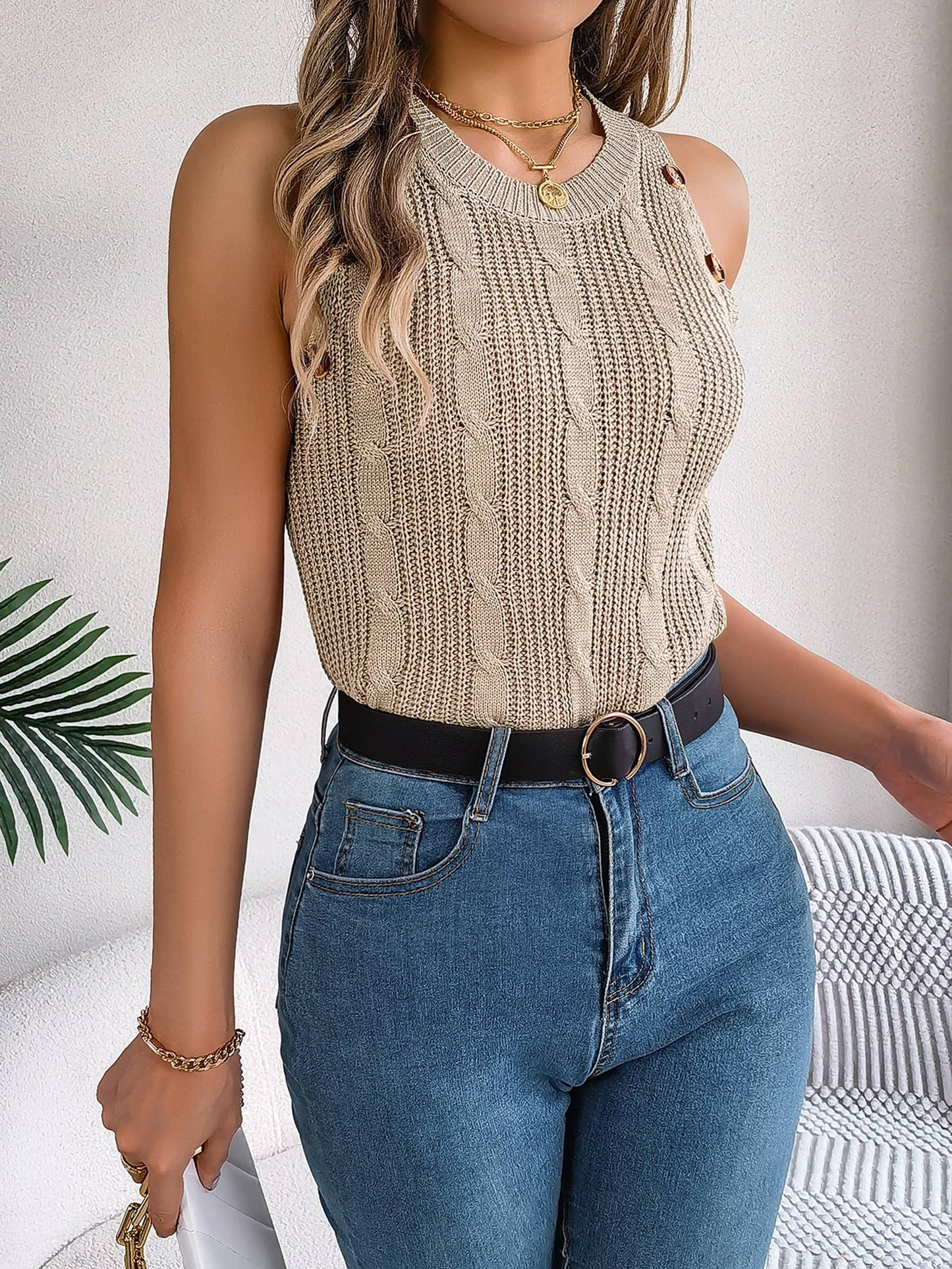 Solid Fried Dough Twists Button Sleeveless Top: Beige