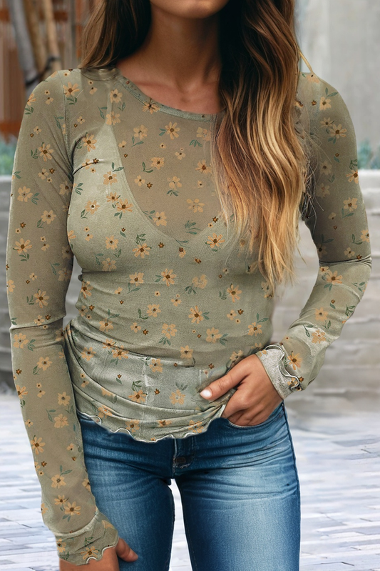 Vintage Floral Print Southern Style Mesh Long Sleeve Top: Laurel Green