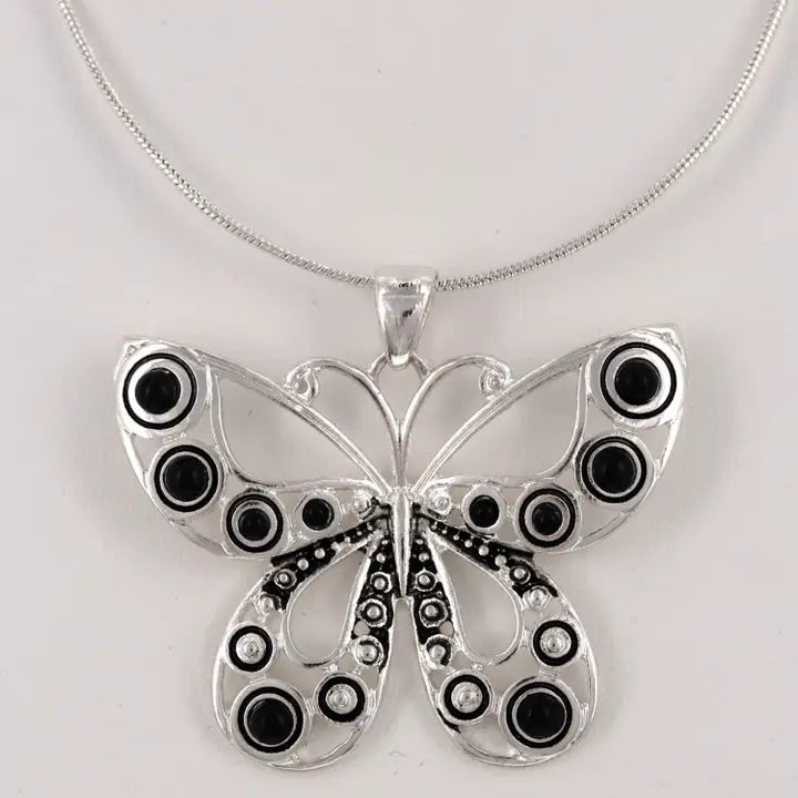Butterfly Black Bead Metal Pendant Necklace